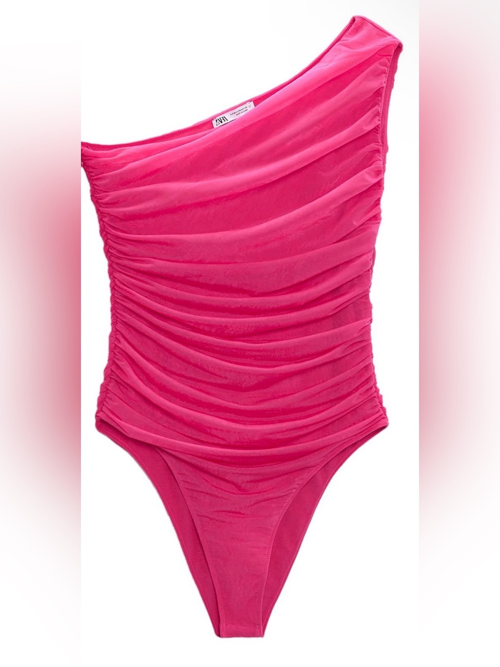 Zara Vibrant Pink Ruched One Sleeve Leotard Top